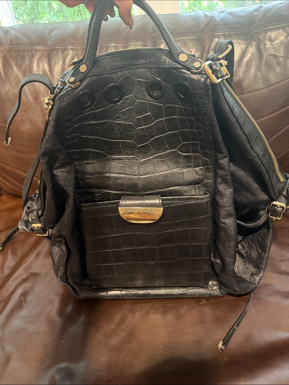 Versace Collection Black Croc-Embossed Tote with Gold Accents